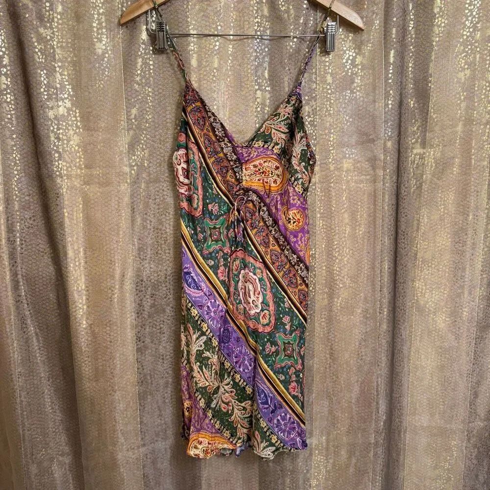 ZARA Colorful Vibrant Boho Printed Satin Ruched Paisley Mini Dress Small